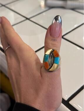 Zuni Sterling Silver Inlay Ring Turquoise Coral Mother Pearl Harry Bert Native